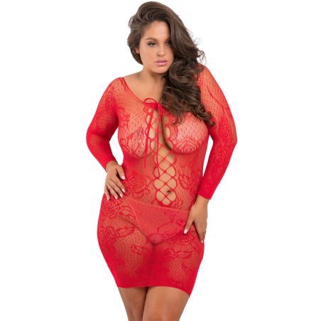 Nuisette grande taille rouge fine résille manches longues