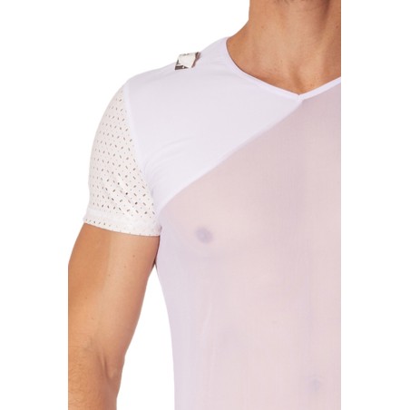 T-shirt blanc maille et brillance ajourée