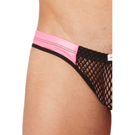 Slip noir filet avec bandes similicuir roses