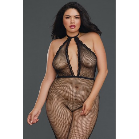 Bodystocking résille grande taille à encolure plongeante