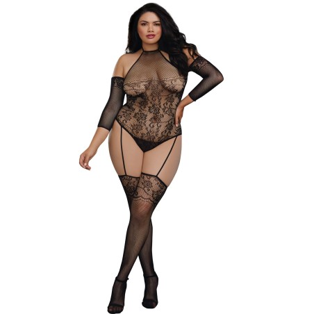 Bodystocking grande taille résille effet bas jarretelles