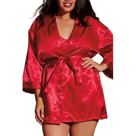 Nuisette grande taille rouge avec peignoir satinés