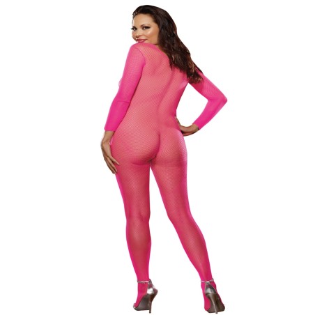 Bodystocking rose fluo résille grande taille ouvert à l'entre-jambes