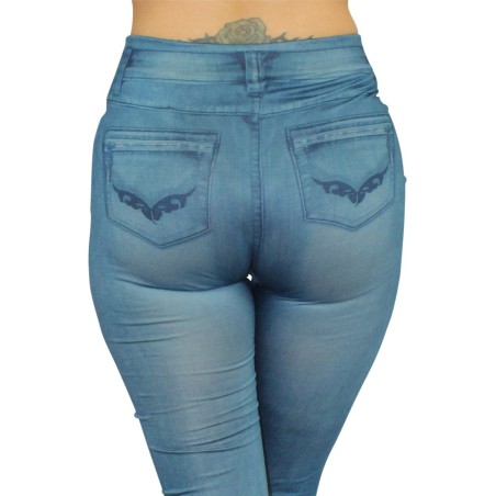 Legging bleu style jean moulant avec impressions sur poches