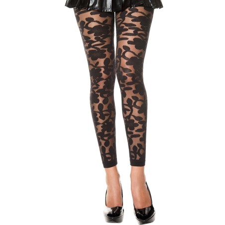 Legging noir fin transparent motif fleuri