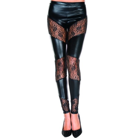 Legging noir wetlook avec bandes de dentelle florale