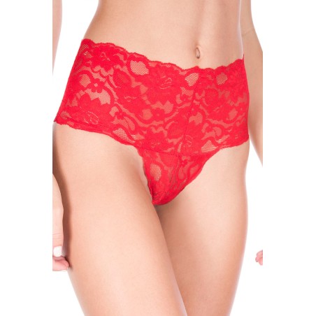 Tanga string rouge taille haute large bande de dentelle florale