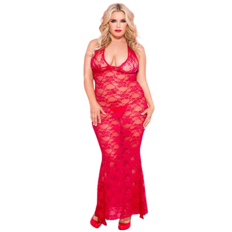 Nuisette grande taille longue rouge décolletée dentelle florale