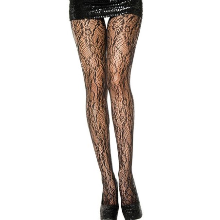 Collant nylon fantaisie noir ajouré résille florale