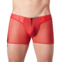 Boxer rouge sexy maille transparente, similicuir et fermeture zip