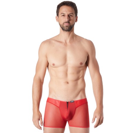 Boxer rouge sexy maille transparente, similicuir et fermeture zip