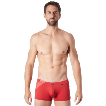 Boxer rouge sexy avec bandes fine résille et déco zippée