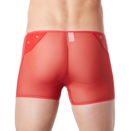 Boxer rouge sexy maille transparente et bande similicuir