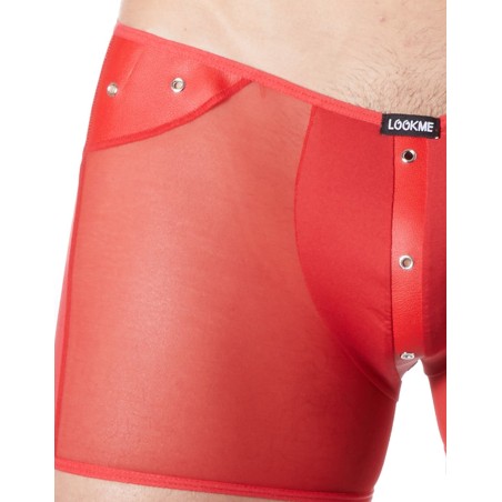 Boxer rouge sexy maille transparente et bande similicuir