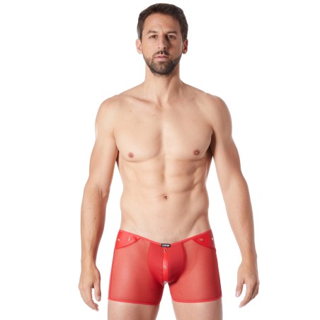 Boxer rouge sexy maille transparente et bande similicuir