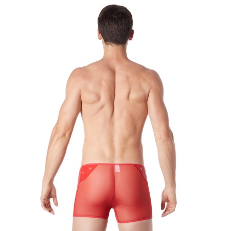 Boxer rouge sexy maille transparente et bande similicuir