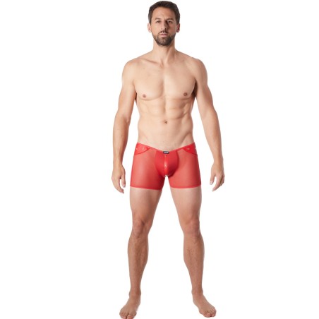 Boxer rouge sexy maille transparente et bande similicuir