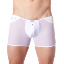 Boxer blanc sexy maille transparente et bande similicuir