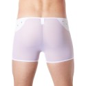 Boxer blanc sexy maille transparente et bande similicuir