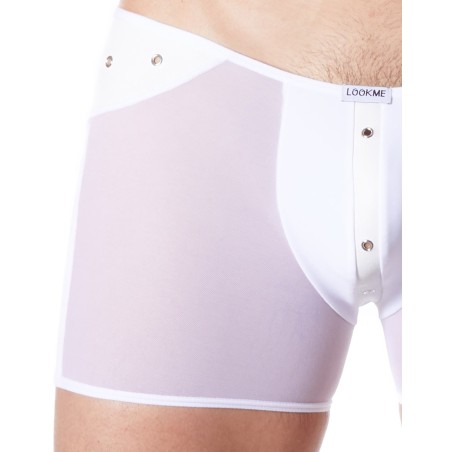 Boxer blanc sexy maille transparente et bande similicuir