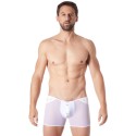 Boxer blanc sexy maille transparente et bande similicuir