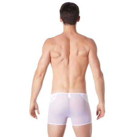 Boxer blanc sexy maille transparente et bande similicuir