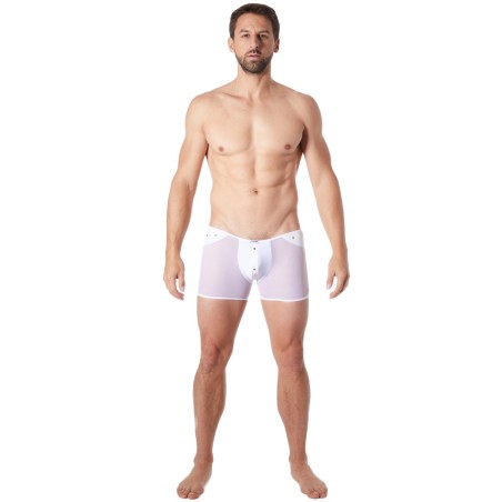 Boxer blanc sexy maille transparente et bande similicuir