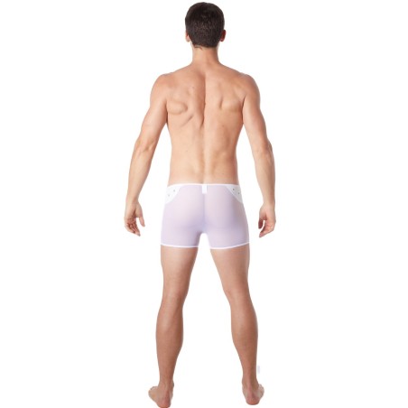 Boxer blanc sexy maille transparente et bande similicuir