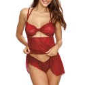 Nuisette sexy bordeaux effet soutien-gorge et jupe volante avec tanga