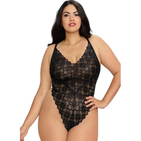 Body string noir grande taille échancré dentelle avec jupe de maille transparente amovible