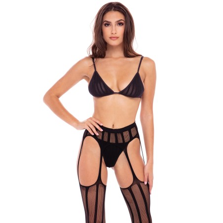 Ensemble 3 pièces soutien-gorge, porte jarretelles bas et string