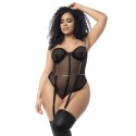 Body, grande taille, en résille transparente noire et jarretelles