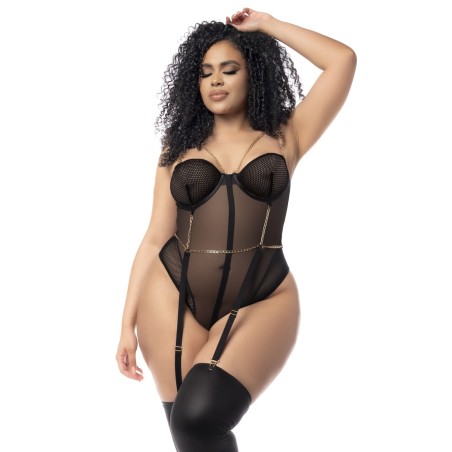 Body, grande taille, en résille transparente noire et jarretelles