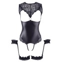 Body en dentelle et simili cuir ouvert avec menottes -  OR2642239BLK