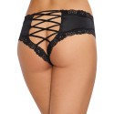 Tanga noir satiné bordures dentelle ajouré sur les fesses - DG1434BLK