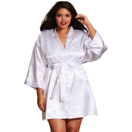 Ensemble grande taille nuisette string et kimono en satin blanc