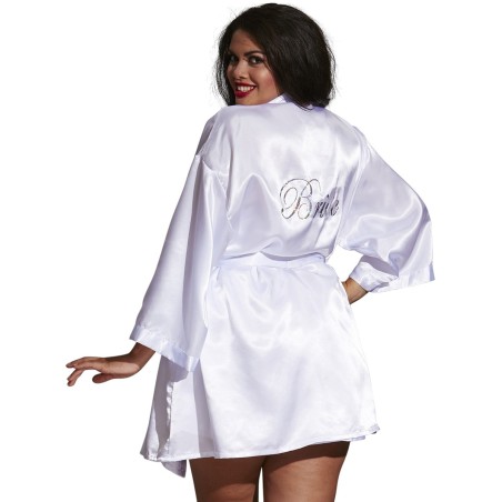 Ensemble grande taille nuisette string et kimono en satin blanc