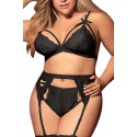 Ensemble 3 pièces noir grande taille  soutien-gorge string porte-jarretelles - MAL8221XBLK