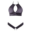 Soutien-gorge bandeau, en dentelle et résille noire et string ouvert