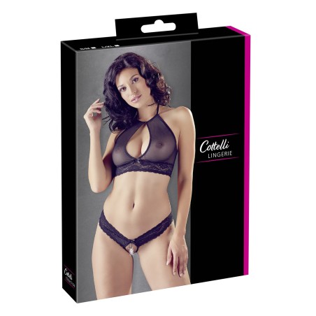 Soutien-gorge bandeau, en dentelle et résille noire et string ouvert