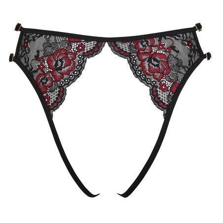 Culotte ouverte en fine dentelle florale rouge et noire