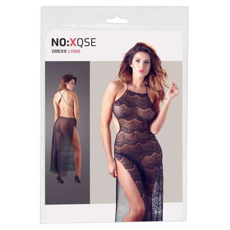 Longue robe en dentelle noire et fine résille