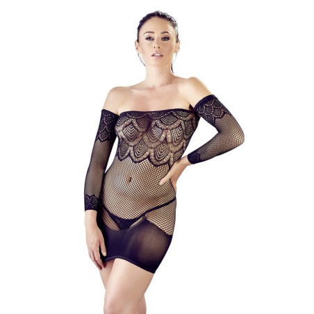 Petite robe manches longues en résille noire et string assorti