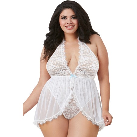 Body string grande taille dentelle effet nuisette ouverte blanc