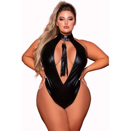 Body en similicuir grande taille extensible avec col clouté et fouet