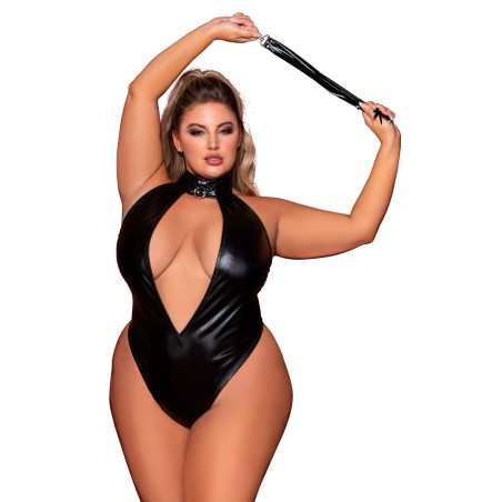 Body en similicuir grande taille extensible avec col clouté et fouet