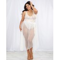 Body string grande taille blanc échancré dentelle avec jupe de maille transparente amovible