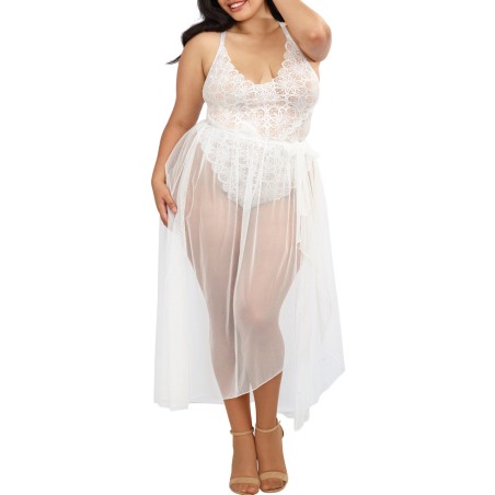 Body string grande taille blanc échancré dentelle avec jupe de maille transparente amovible