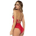 Body rouge style babydoll et string assorti en dentelle et fine résille