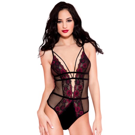 Body noir résille sexy bordures dentelle fleurie et ornements